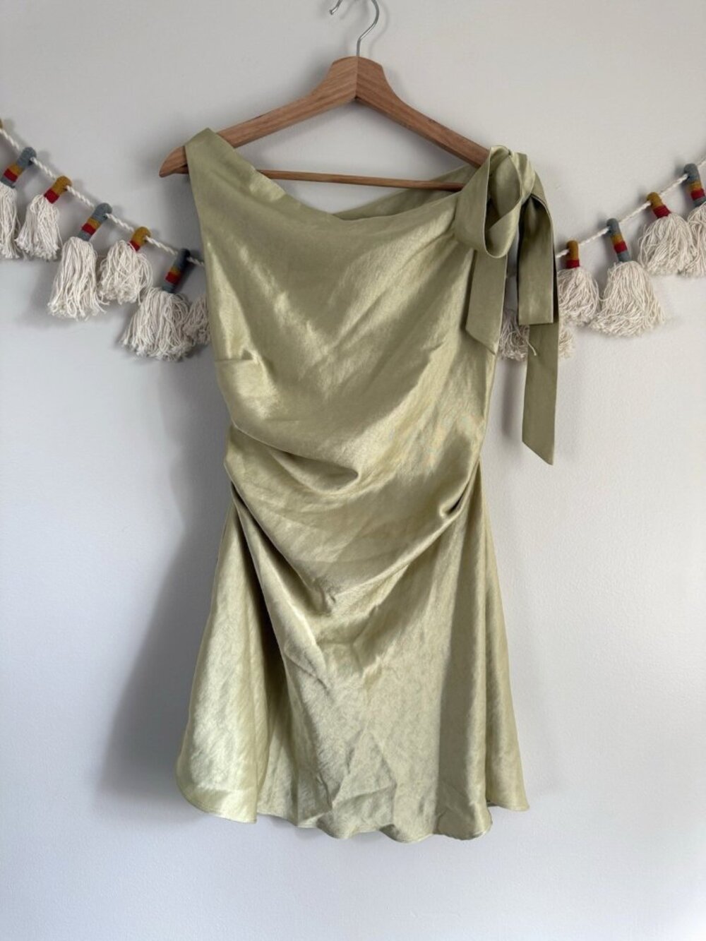 K/La Boutique Light green Satin Ruched Off Shoulder Tie Mini Dress